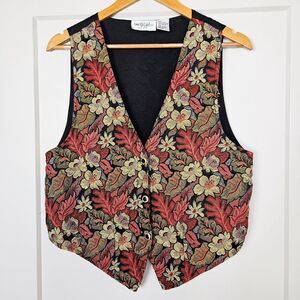 Vintage Tapestry Vest Womens Medium Artsy Floral Autumn Leaves Cottage Grandma